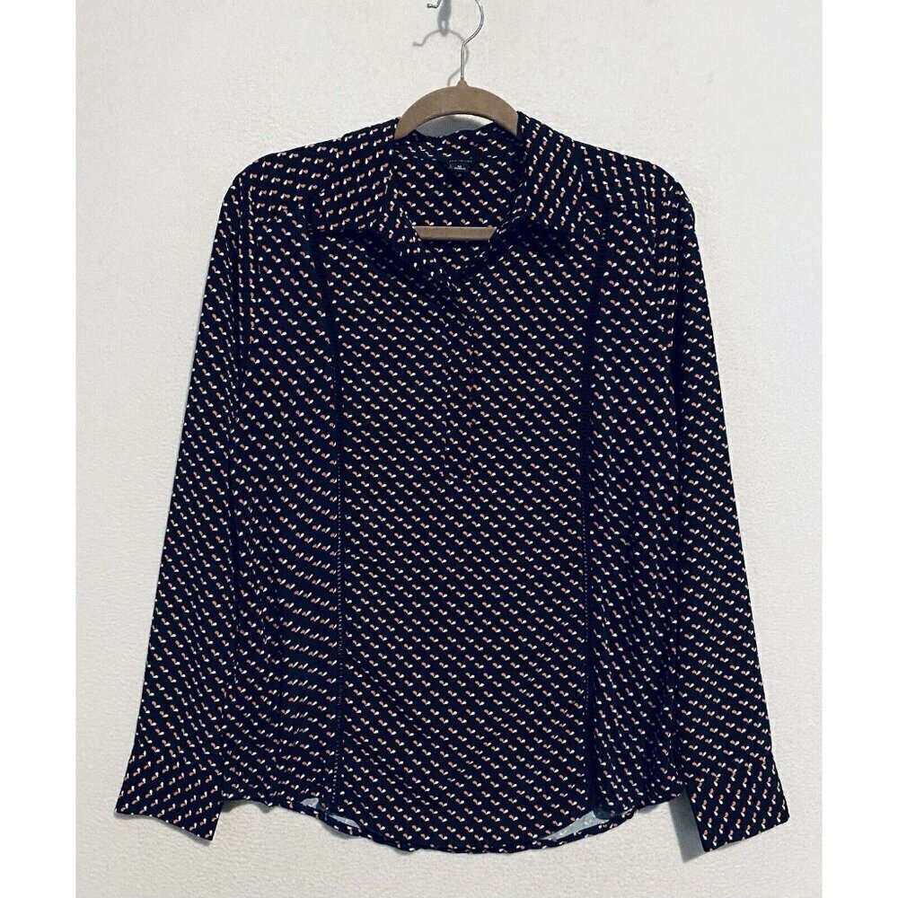 Ann Taylor Top Womens Medium Navy Blue Abstract Print Mixed Media Crochet Trim